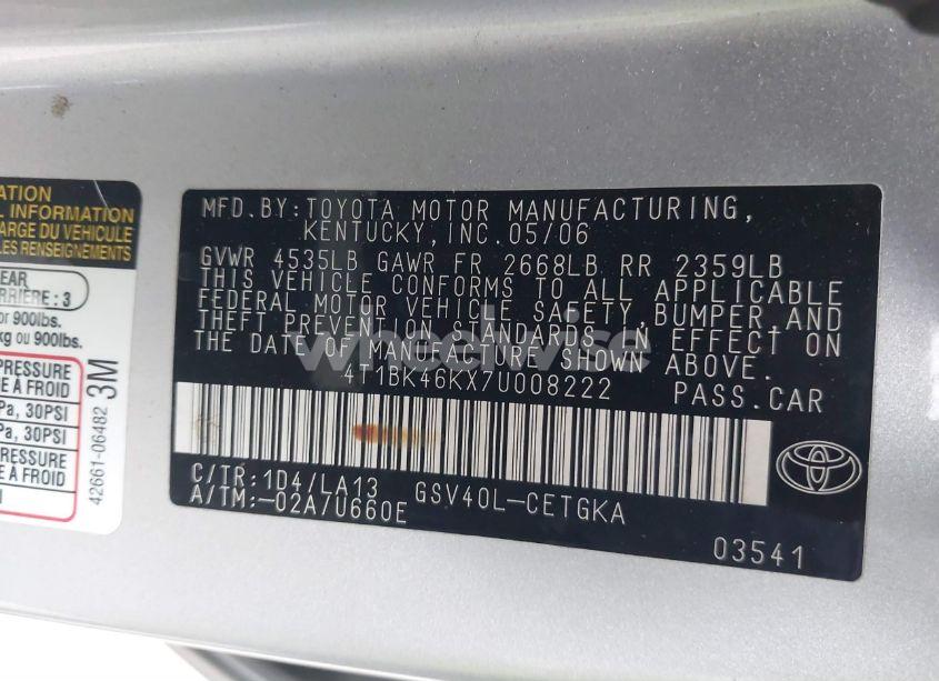 Photo 9 of 2007 Toyota Camry XLE V6 (VIN 4T1BK46KX7U008222)