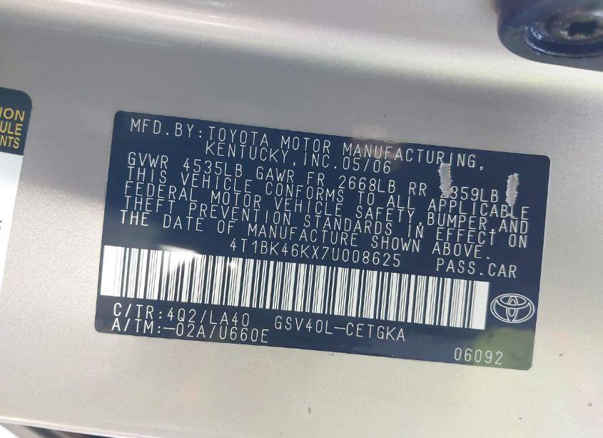 Photo 9 of 2007 Toyota Camry XLE V6 (VIN 4T1BK46KX7U008625)
