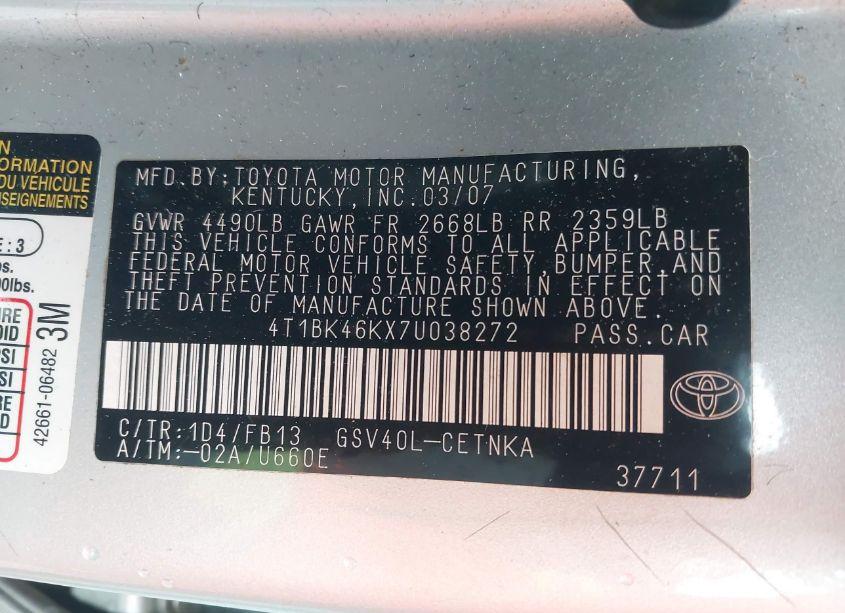 Photo 9 of 2007 Toyota Camry LE V6 (VIN 4T1BK46KX7U038272)