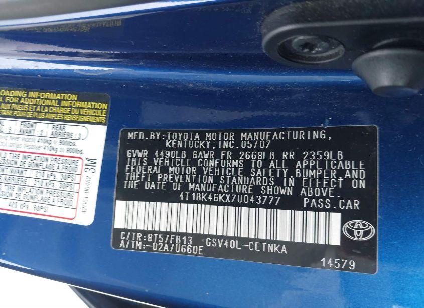 Photo 9 of 2007 Toyota Camry LE V6 (VIN 4T1BK46KX7U043777)