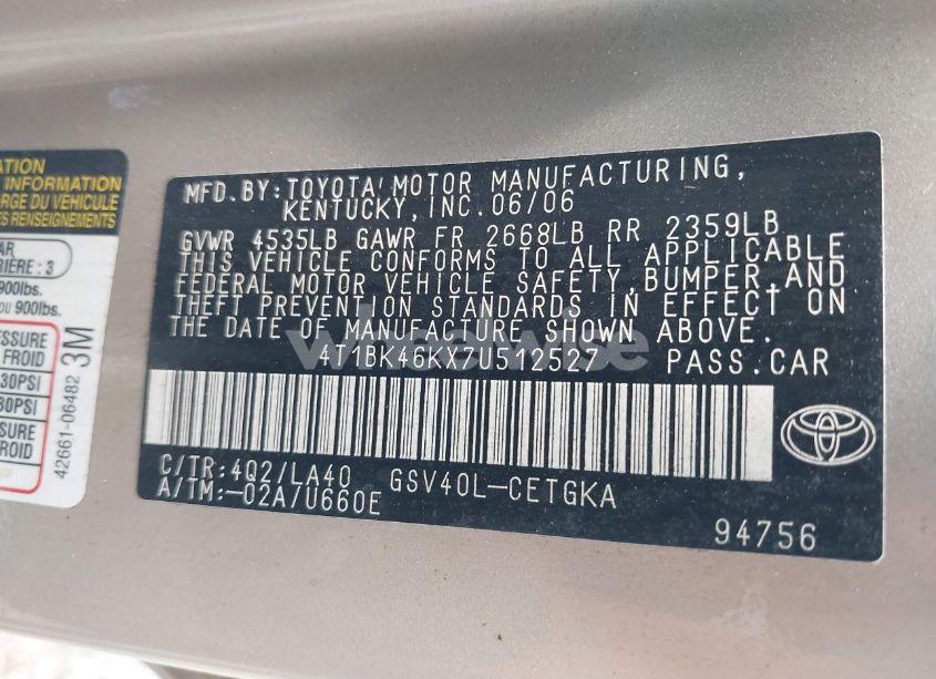 Photo 9 of 2007 Toyota Camry XLE V6 (VIN 4T1BK46KX7U512527)
