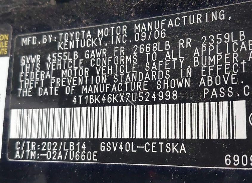 Photo 9 of 2007 Toyota Camry SE V6 (VIN 4T1BK46KX7U524998)