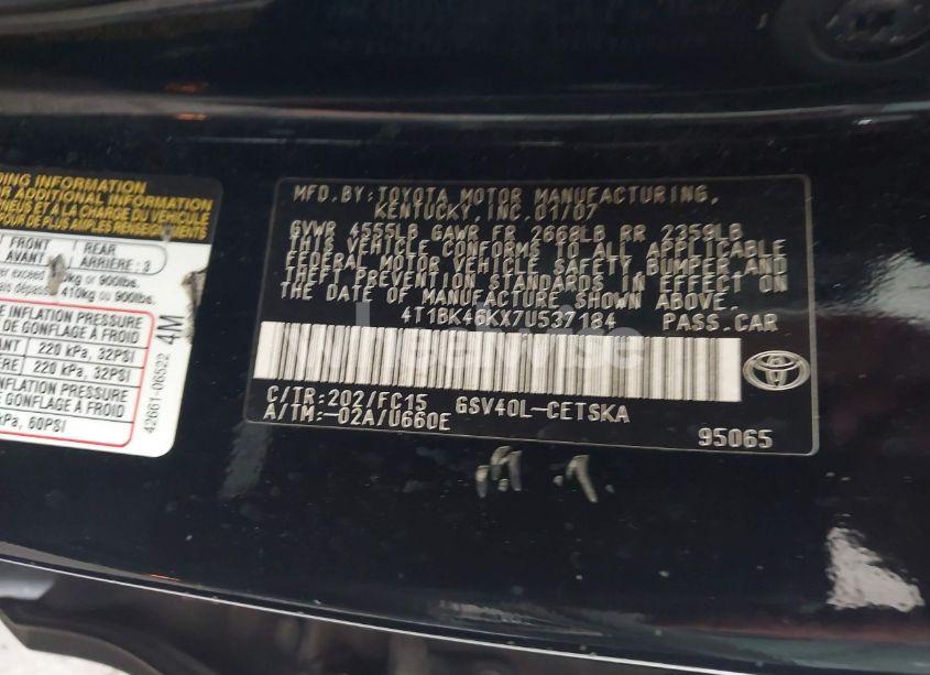 Photo 9 of 2007 Toyota Camry LE V6/SE V6/XLE V6 (VIN 4T1BK46KX7U537184)