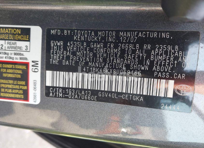 Photo 9 of 2008 Toyota Camry XLE V6 (VIN 4T1BK46KX8U069166)