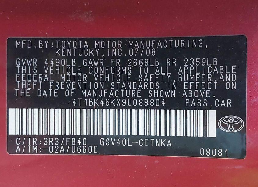 Photo 9 of 2009 Toyota Camry LE V6 (VIN 4T1BK46KX9U088804)