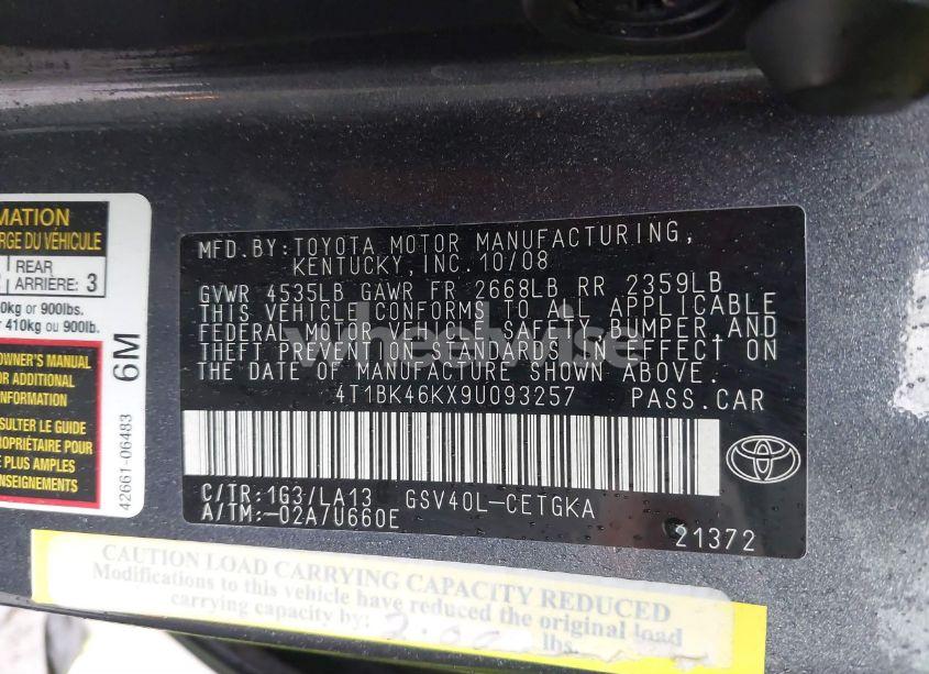 Photo 9 of 2009 Toyota Camry XLE V6 (VIN 4T1BK46KX9U093257)