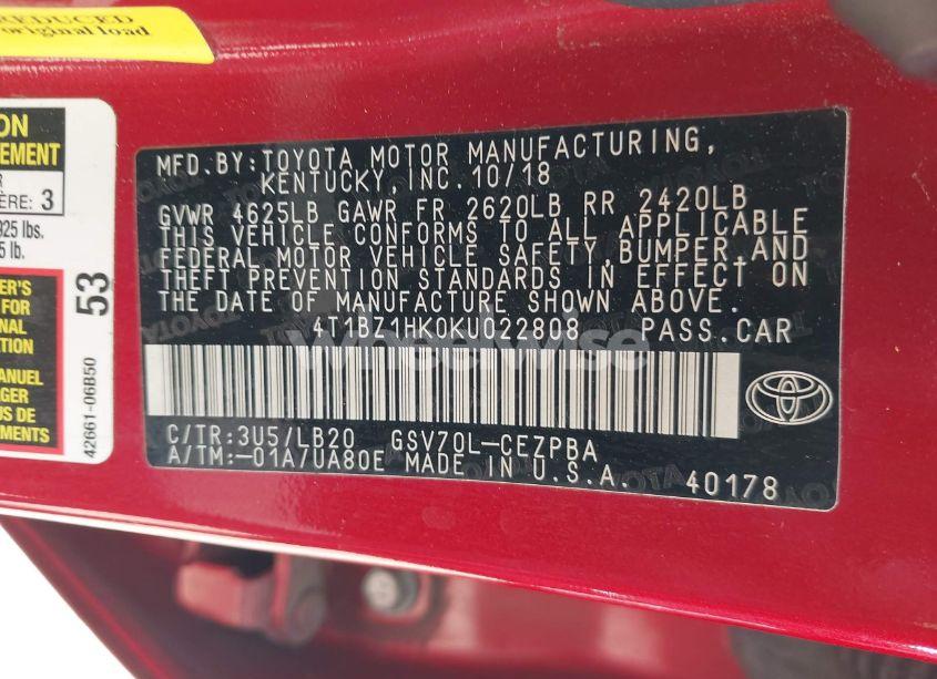 Photo 9 of 2019 Toyota Camry XSE V6 (VIN 4T1BZ1HK0KU022808)