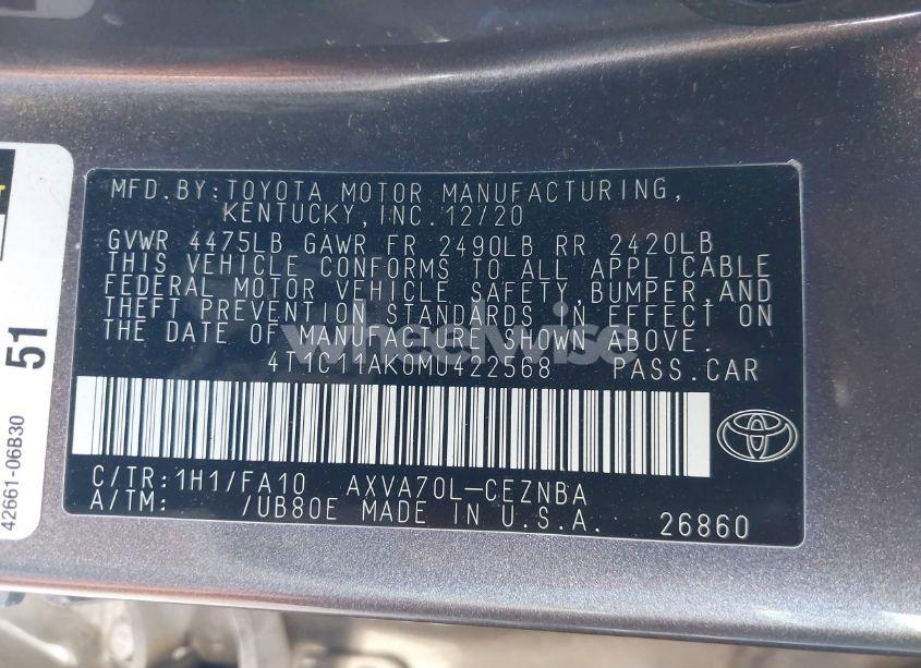 Photo 9 of 2021 Toyota Camry LE (VIN 4T1C11AK0MU422568)