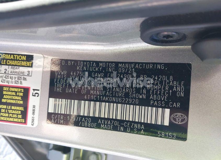 Photo 9 of 2022 Toyota Camry LE (VIN 4T1C11AK0NU622920)