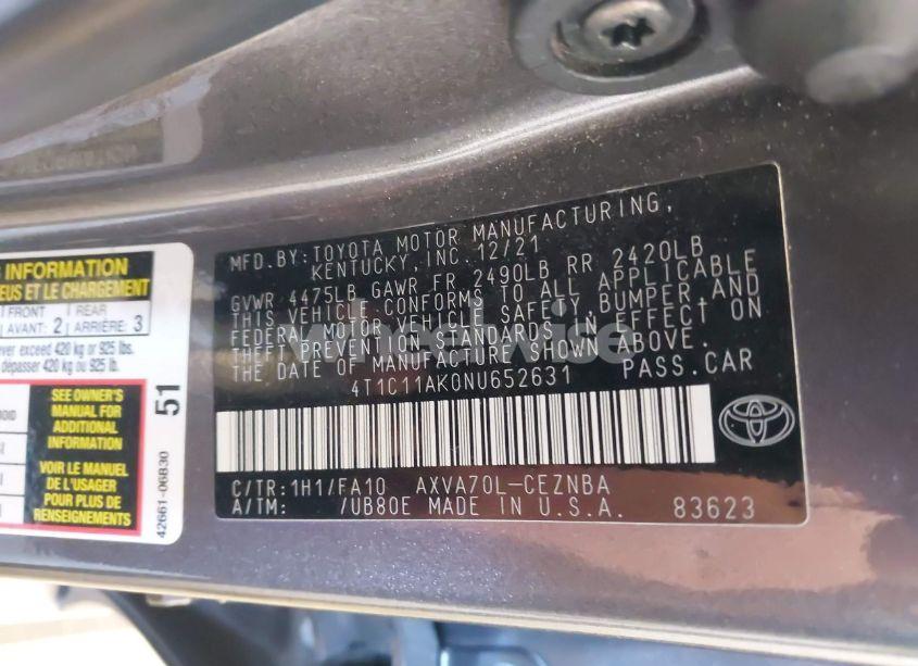 Photo 9 of 2022 Toyota Camry LE (VIN 4T1C11AK0NU652631)