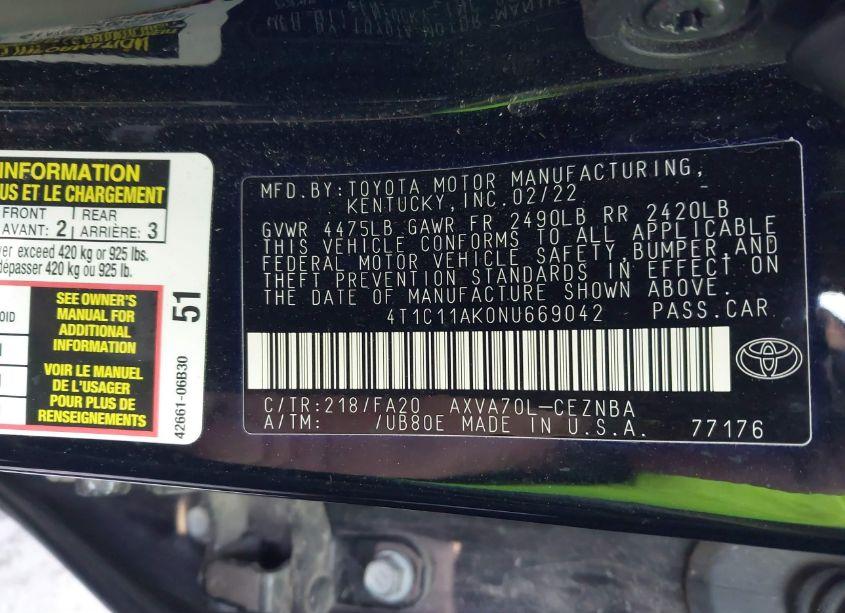 Photo 9 of 2022 Toyota Camry LE (VIN 4T1C11AK0NU669042)