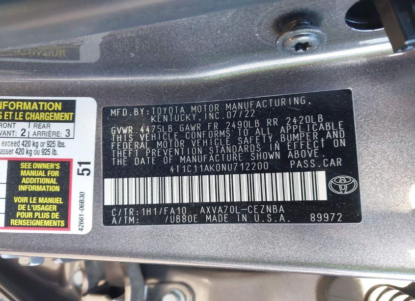 Photo 9 of 2022 Toyota Camry LE (VIN 4T1C11AK0NU712200)