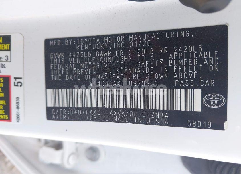 Photo 9 of 2020 Toyota Camry LE (VIN 4T1C11AK1LU929932)