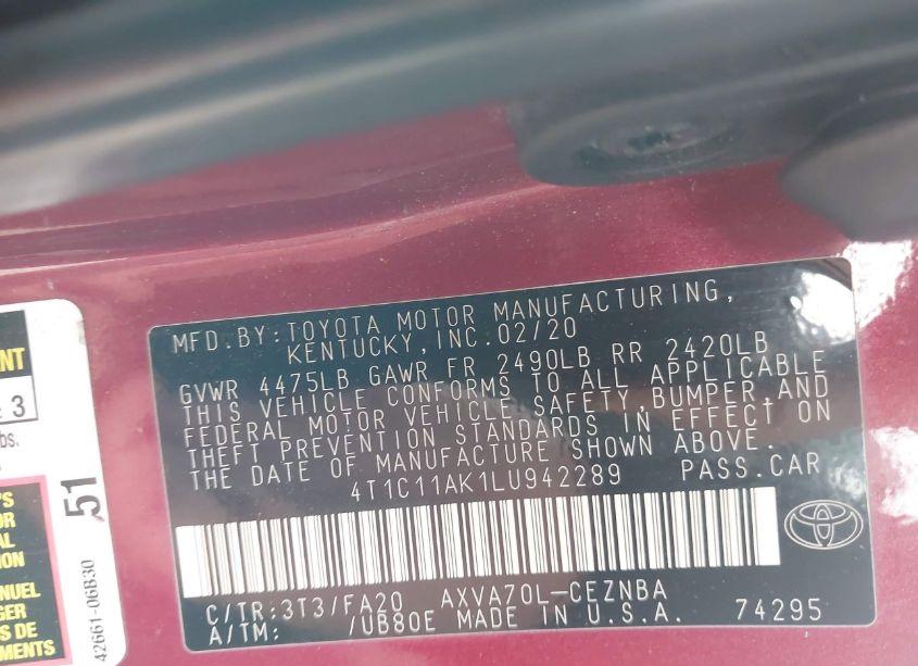 Photo 9 of 2020 Toyota Camry LE (VIN 4T1C11AK1LU942289)