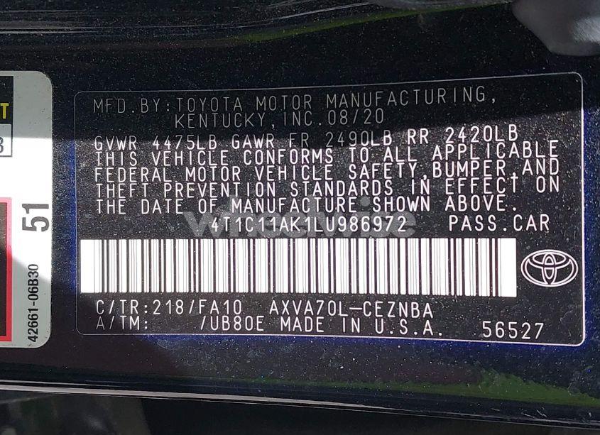 Photo 9 of 2020 Toyota Camry LE (VIN 4T1C11AK1LU986972)