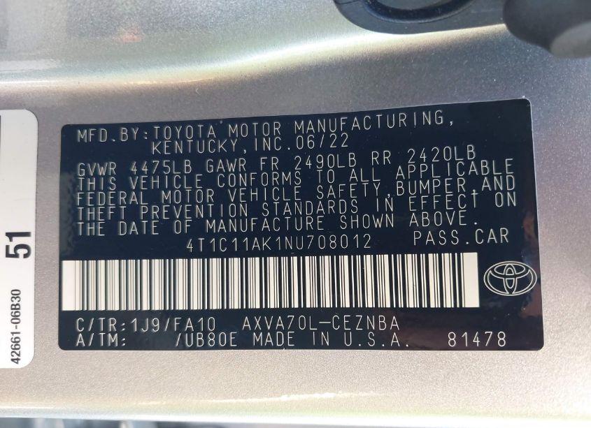 Photo 9 of 2022 Toyota Camry LE (VIN 4T1C11AK1NU708012)
