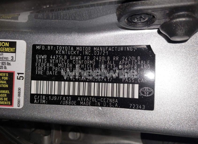 Photo 9 of 2021 Toyota Camry LE (VIN 4T1C11AK2MU567417)