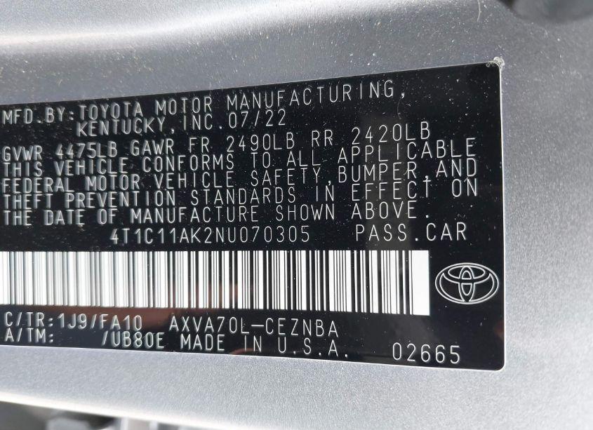 Photo 9 of 2022 Toyota Camry LE (VIN 4T1C11AK2NU070305)