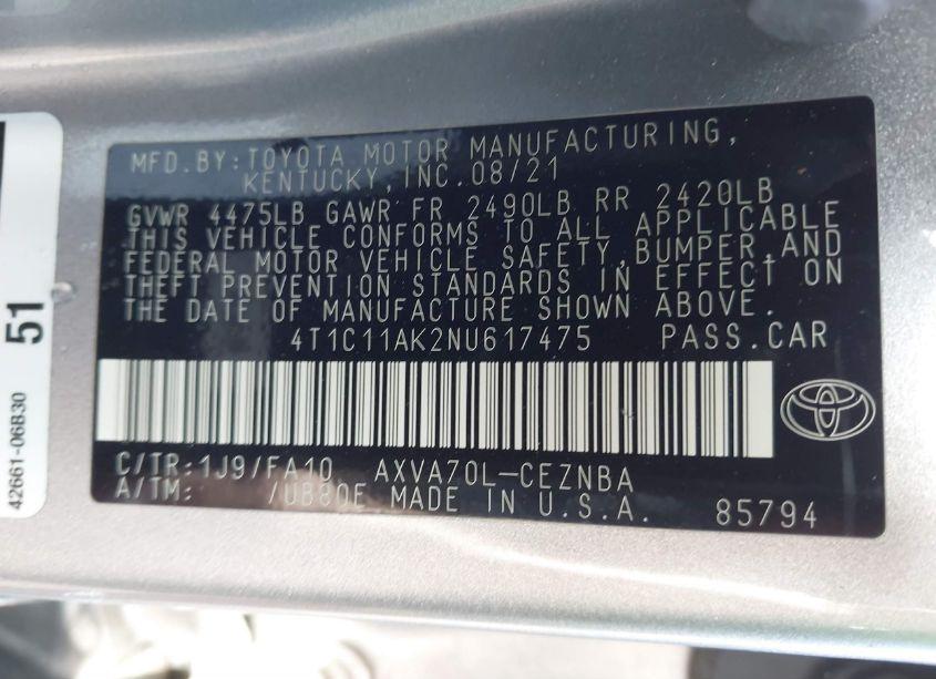 Photo 9 of 2022 Toyota Camry LE (VIN 4T1C11AK2NU617475)