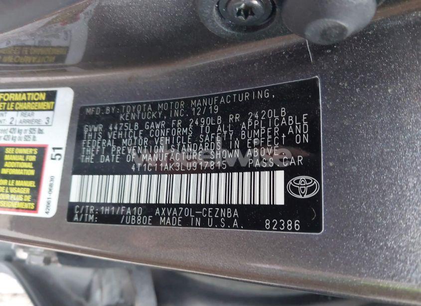 Photo 9 of 2020 Toyota Camry LE (VIN 4T1C11AK3LU917815)