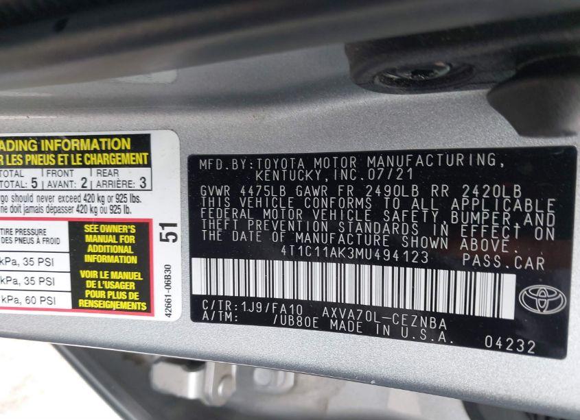 Photo 9 of 2021 Toyota Camry LE (VIN 4T1C11AK3MU494123)