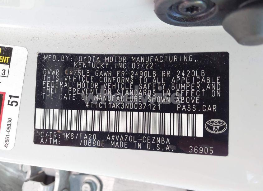 Photo 9 of 2022 Toyota Camry LE (VIN 4T1C11AK3NU037121)