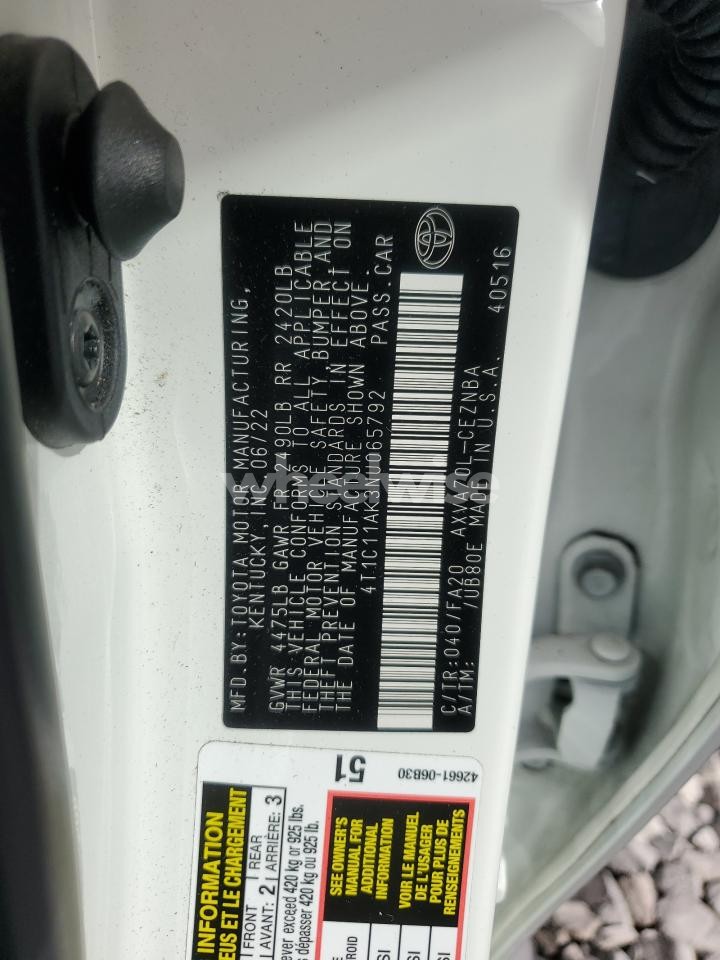 Photo 12 of 2022 TOYOTA CAMRY LE (VIN 4T1C11AK3NU065792)