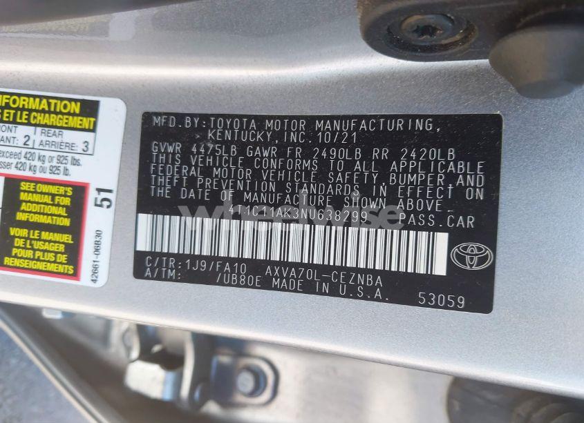 Photo 9 of 2022 Toyota Camry LE (VIN 4T1C11AK3NU638299)