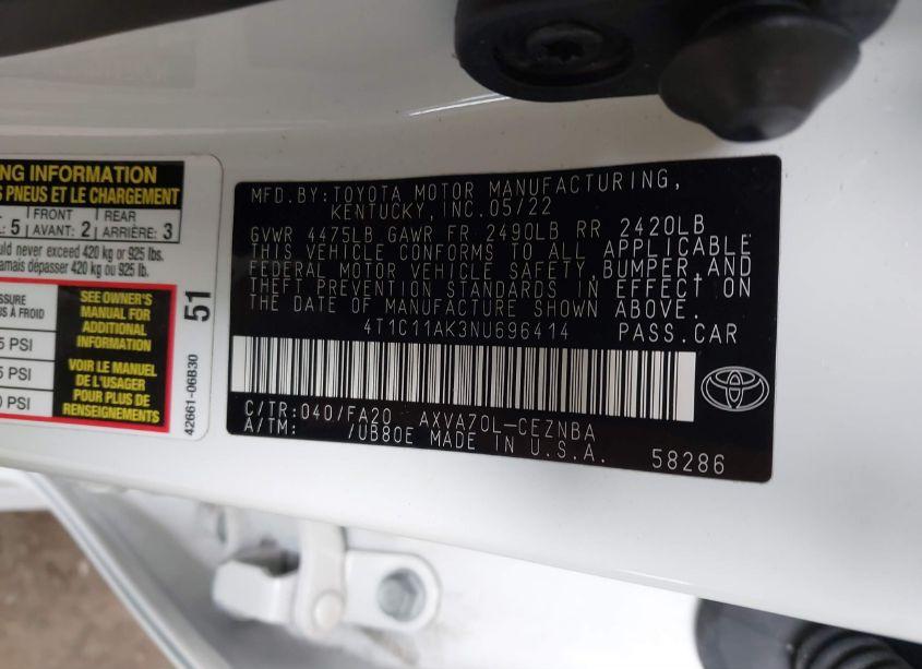 Photo 9 of 2022 Toyota Camry LE (VIN 4T1C11AK3NU696414)