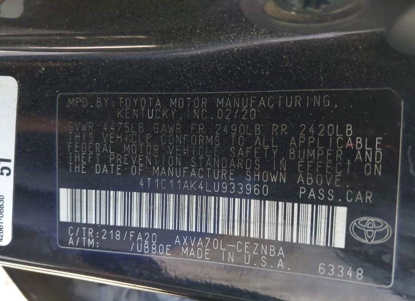Photo 9 of 2020 Toyota Camry LE (VIN 4T1C11AK4LU933960)