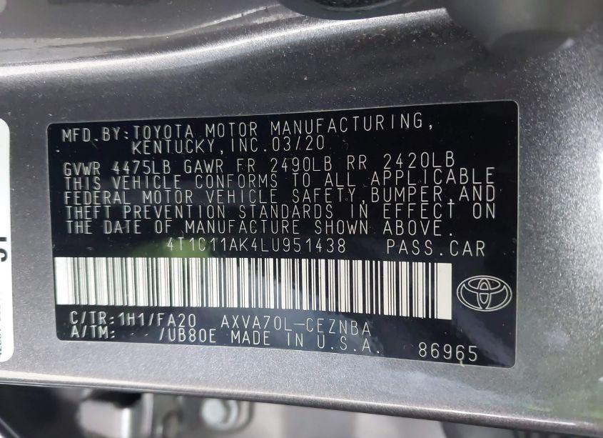 Photo 9 of 2020 Toyota Camry LE (VIN 4T1C11AK4LU951438)