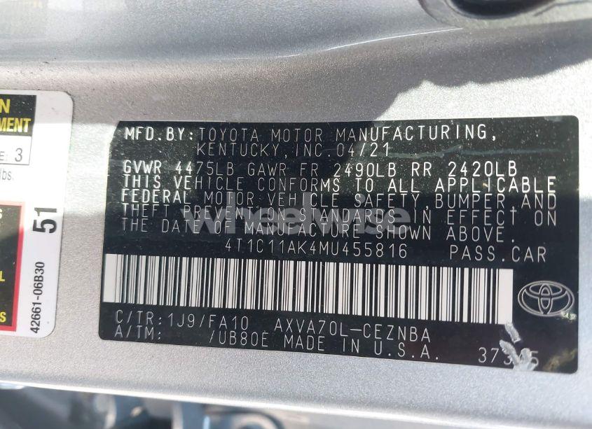 Photo 9 of 2021 Toyota Camry LE (VIN 4T1C11AK4MU455816)