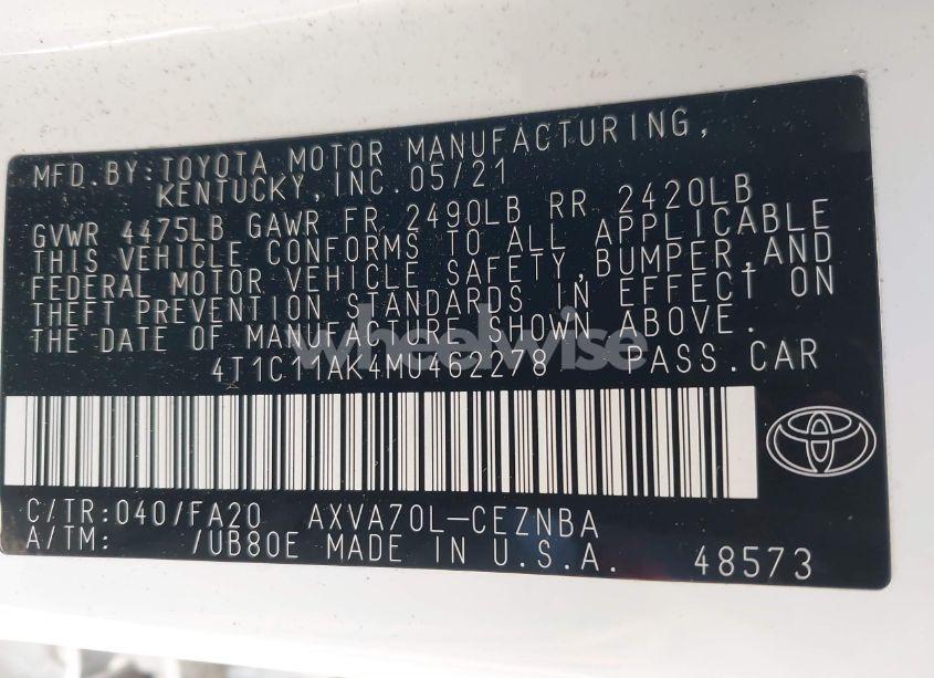 Photo 9 of 2021 Toyota Camry LE (VIN 4T1C11AK4MU462278)