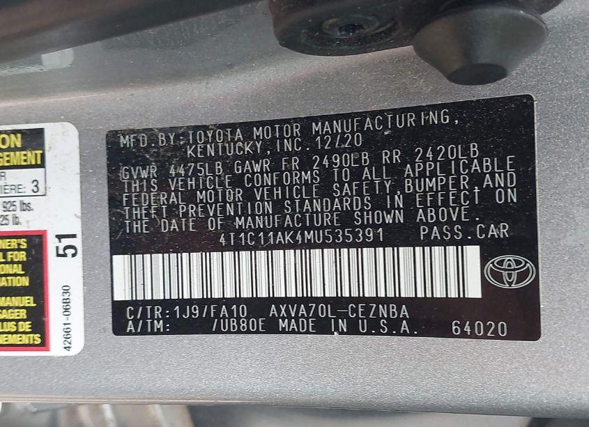 Photo 9 of 2021 Toyota Camry LE (VIN 4T1C11AK4MU535391)