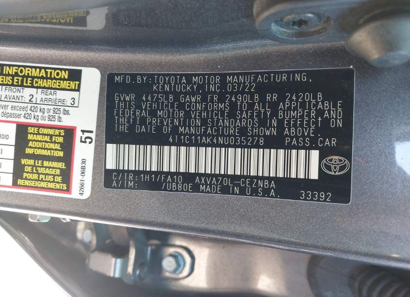 Photo 9 of 2022 Toyota Camry LE (VIN 4T1C11AK4NU035278)