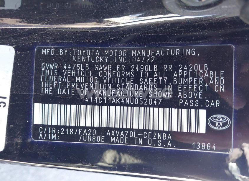 Photo 9 of 2022 Toyota Camry LE (VIN 4T1C11AK4NU052047)