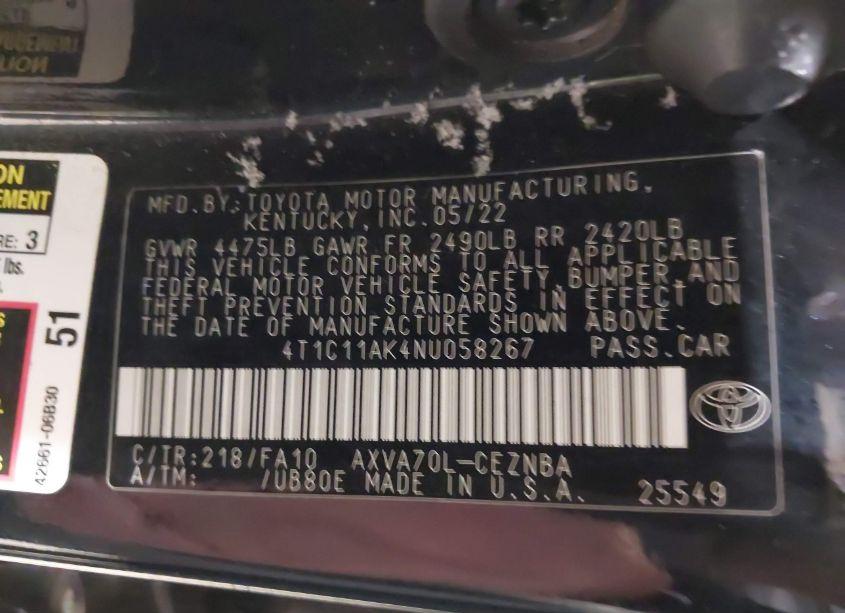 Photo 9 of 2022 Toyota Camry LE (VIN 4T1C11AK4NU058267)