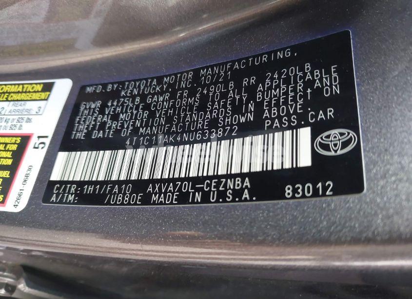 Photo 9 of 2022 Toyota Camry LE (VIN 4T1C11AK4NU633872)
