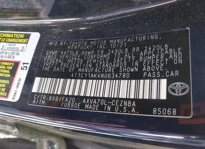 Photo 9 of 2022 Toyota Camry LE (VIN 4T1C11AK4NU634780)