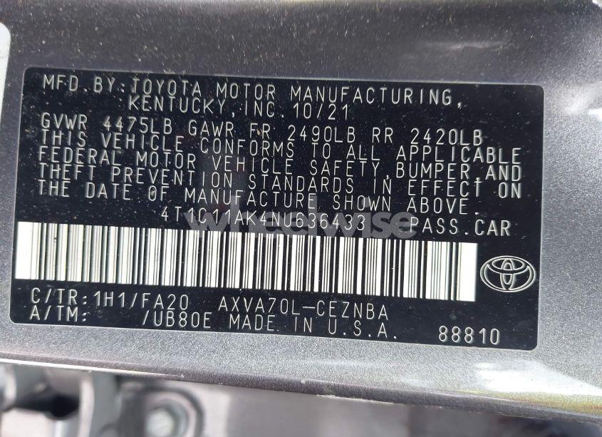 Photo 9 of 2022 Toyota Camry LE (VIN 4T1C11AK4NU636433)