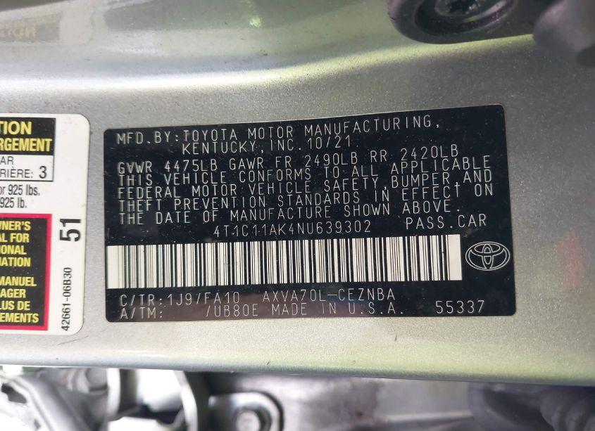 Photo 9 of 2022 Toyota Camry LE (VIN 4T1C11AK4NU639302)