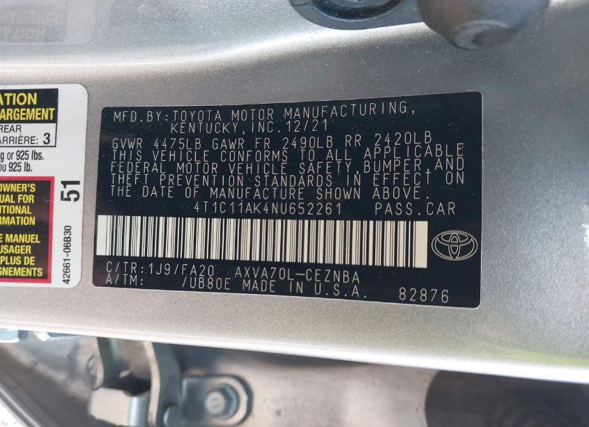 Photo 9 of 2022 Toyota Camry LE (VIN 4T1C11AK4NU652261)