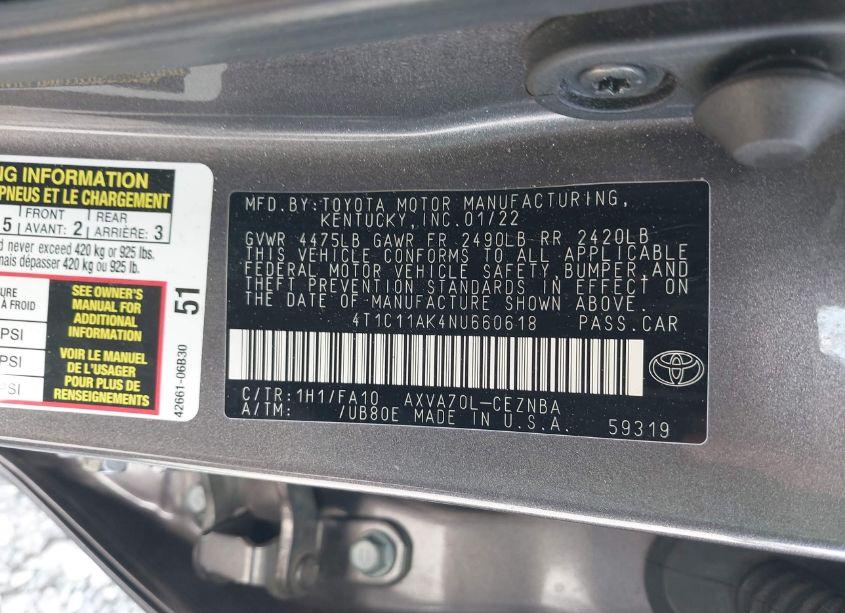 Photo 9 of 2022 Toyota Camry LE (VIN 4T1C11AK4NU660618)
