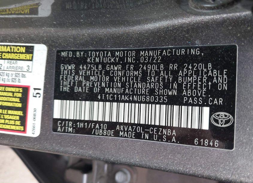 Photo 9 of 2022 Toyota Camry LE (VIN 4T1C11AK4NU680335)