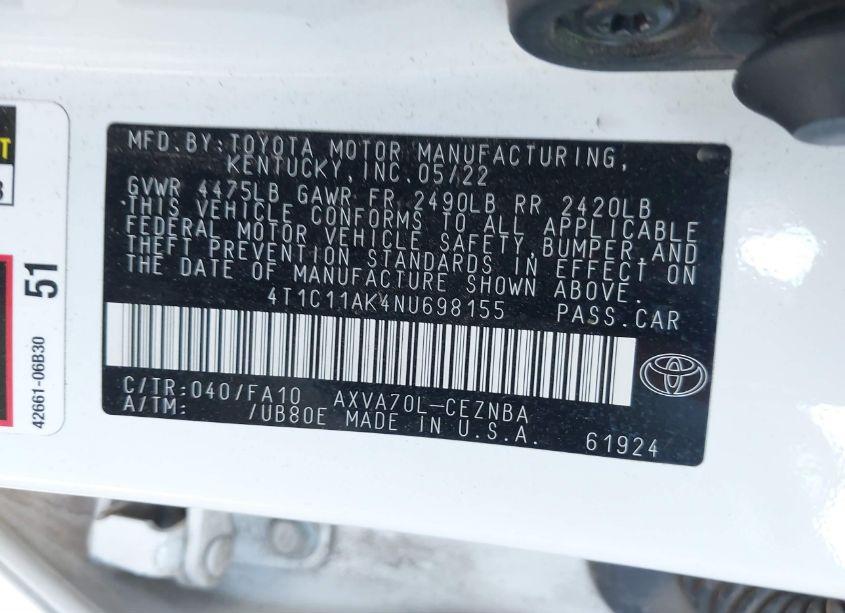 Photo 9 of 2022 Toyota Camry LE (VIN 4T1C11AK4NU698155)