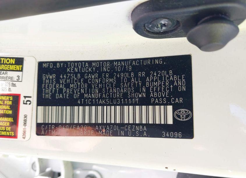 Photo 9 of 2020 Toyota Camry LE (VIN 4T1C11AK5LU311111)