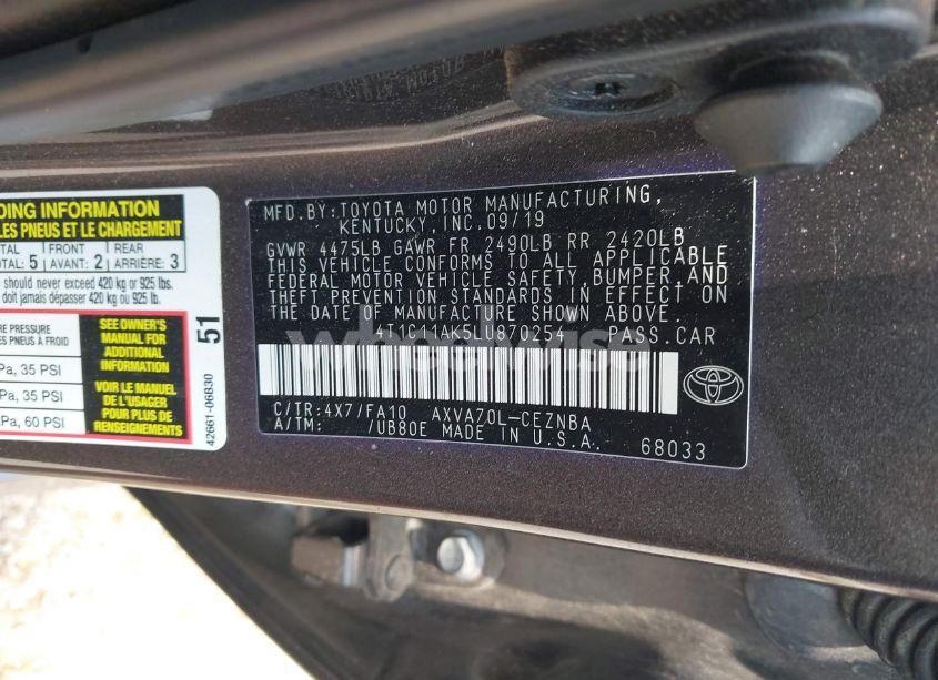 Photo 9 of 2020 Toyota Camry LE (VIN 4T1C11AK5LU870254)