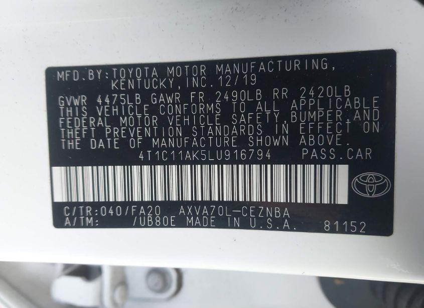 Photo 9 of 2020 Toyota Camry LE (VIN 4T1C11AK5LU916794)