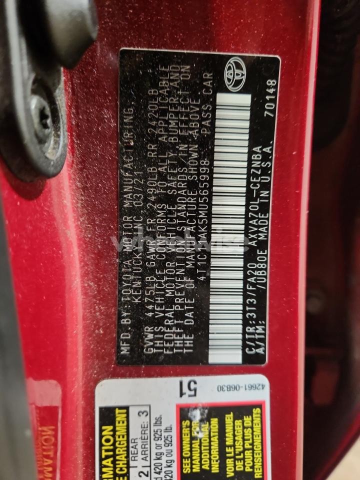 Photo 12 of 2021 TOYOTA CAMRY LE (VIN 4T1C11AK5MU565998)