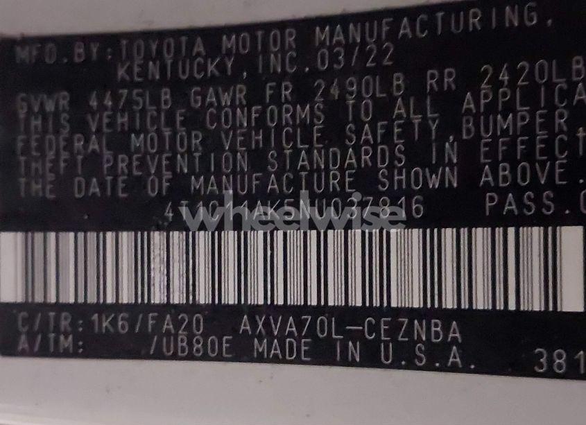 Photo 9 of 2022 Toyota Camry LE (VIN 4T1C11AK5NU037816)